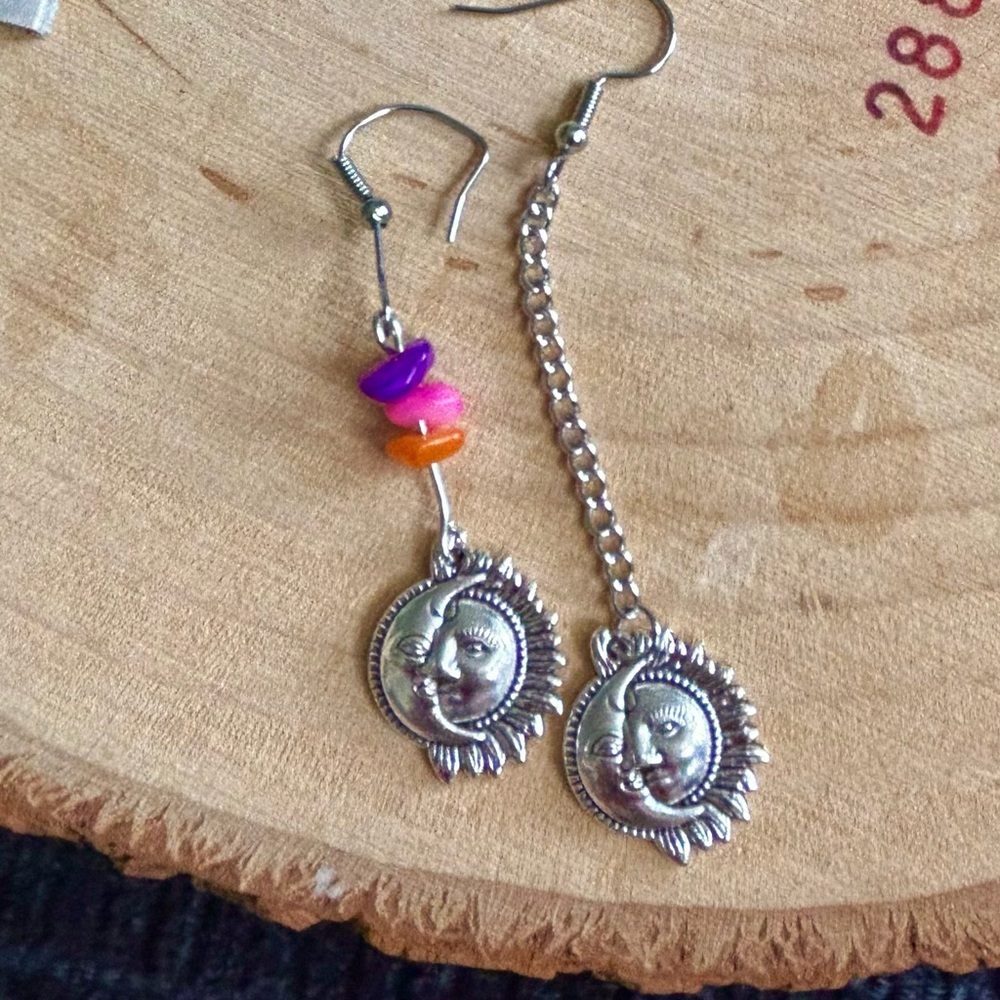 Bohemian Celestial Sun & Moon Polished Faux Rocks Colorful Drop Earrings - Picture 2 of 4